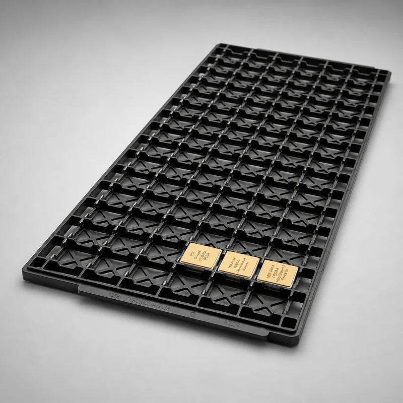 Custom-engineered black ESD-safe matrix tray showing pocket nest configurations