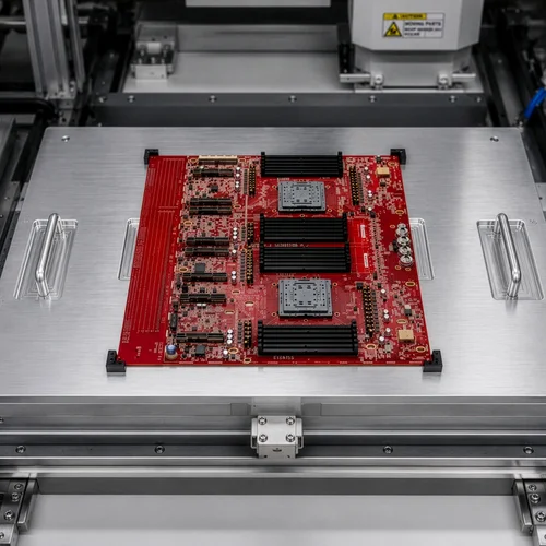 Routing fixture showing precision locating pins and PCB support features