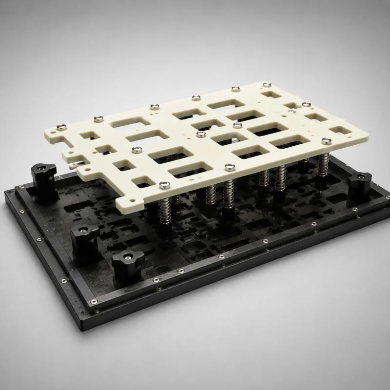 Precision-engineered wave solder pallet showing secure PCB placement
